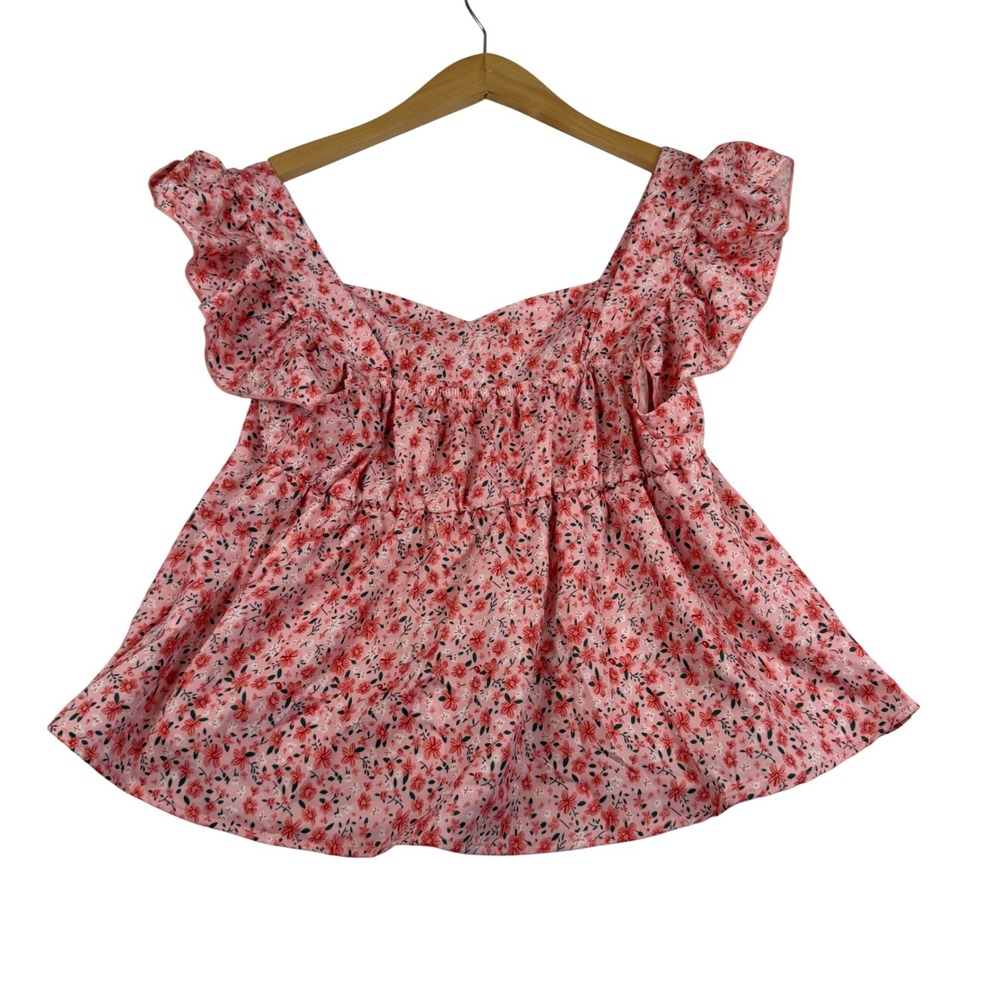 SHEIN Pink Ditsy Floral Flutter Sleeve Peplum Babydoll Top Medium 2946